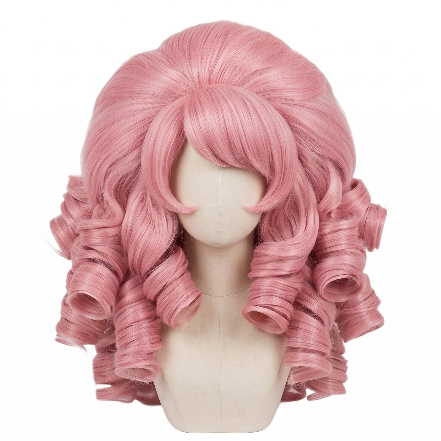 Front view of Rose Quartz cosplay wig with long curly pink ringlets