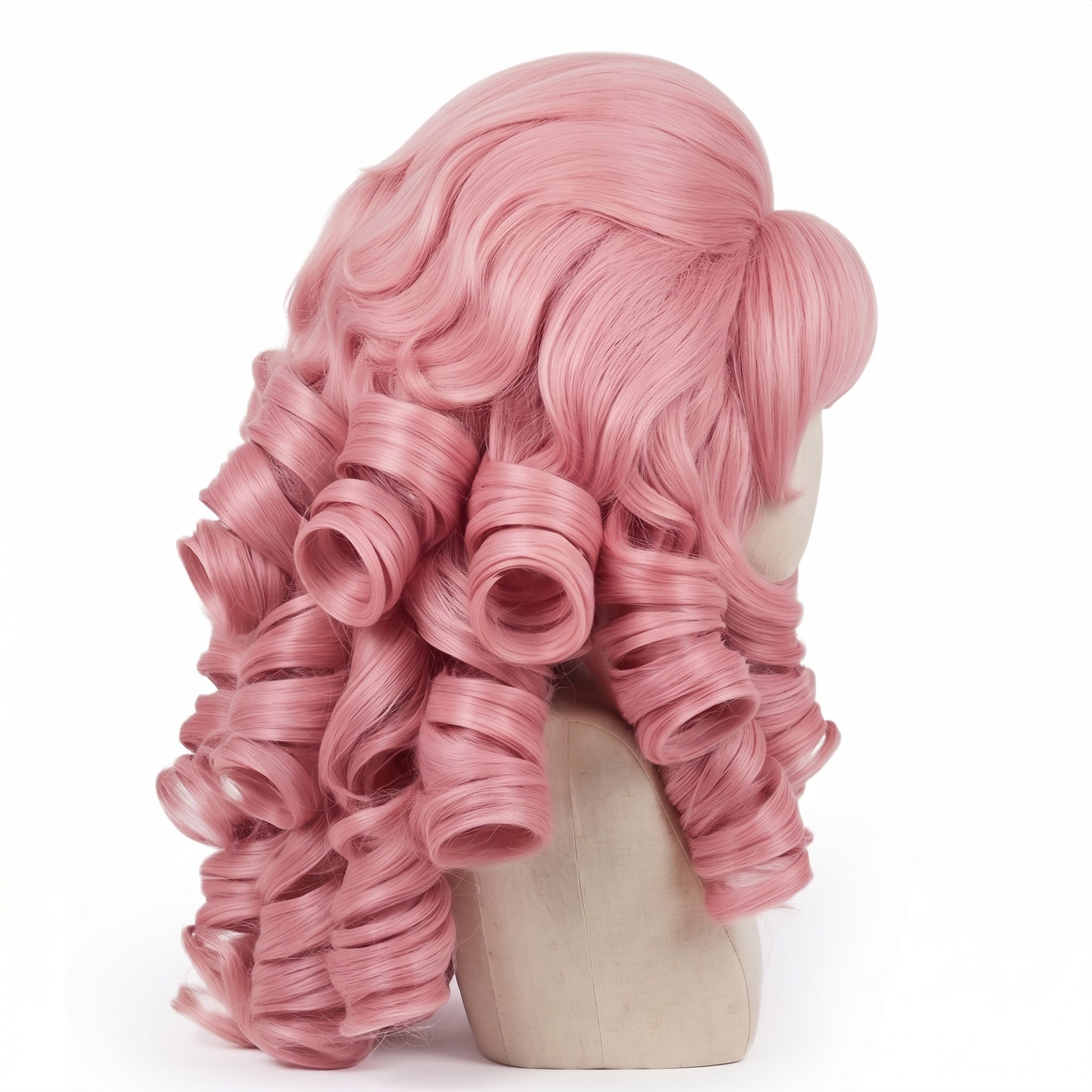 Side view of Rose Quartz wig showing thick pastel pink curls