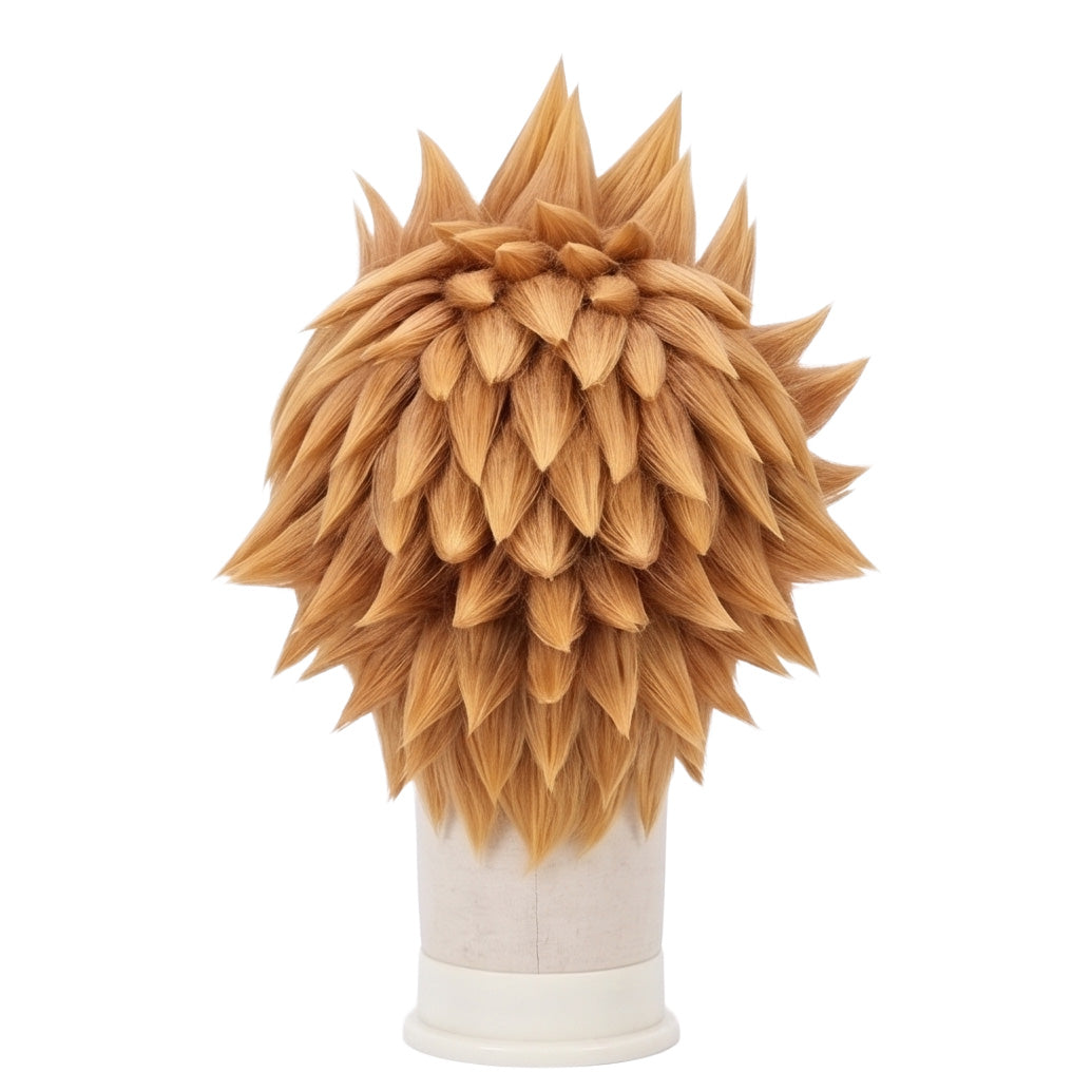 Back view of Roxas cosplay wig featuring smooth blonde feathered layers and a natural tapered finish inspired by Kingdom Hearts character design