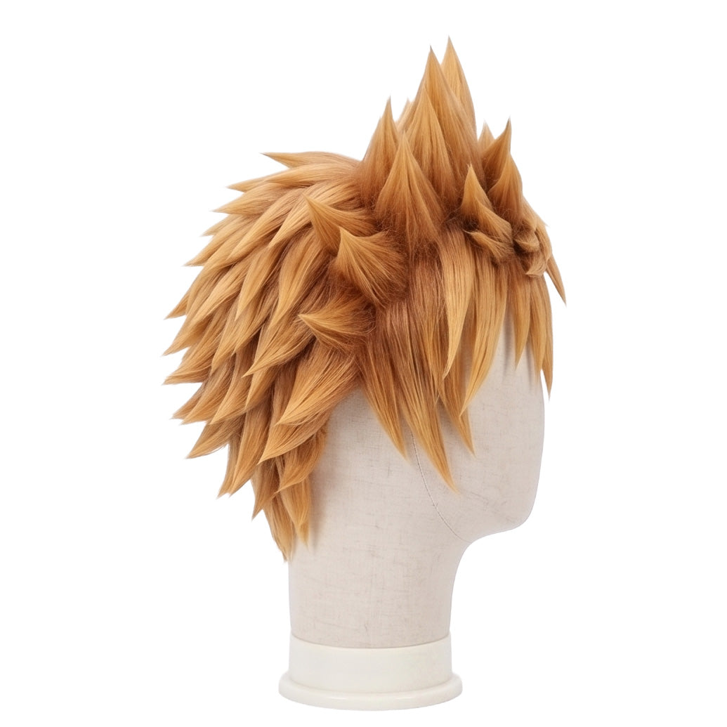 Side view of Roxas cosplay wig showing blonde layered spikes, right-swept anime hairstyle, and professionally styled character hair details