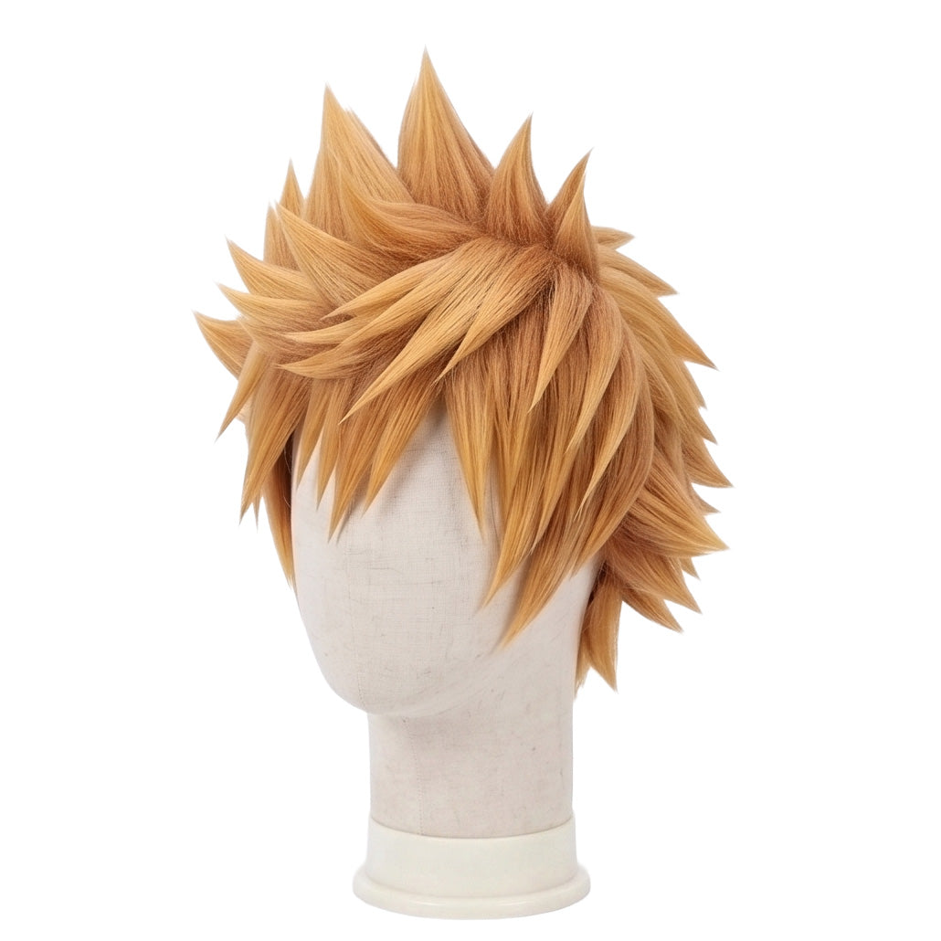 3/4 view of Kingdom Hearts Roxas wig displaying the dynamic blonde spiked front, feathered layers, and handcrafted cosplay styling
