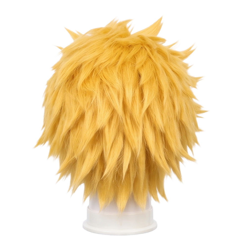 Back view of short blonde Roxas cosplay wig with unstyled fibers