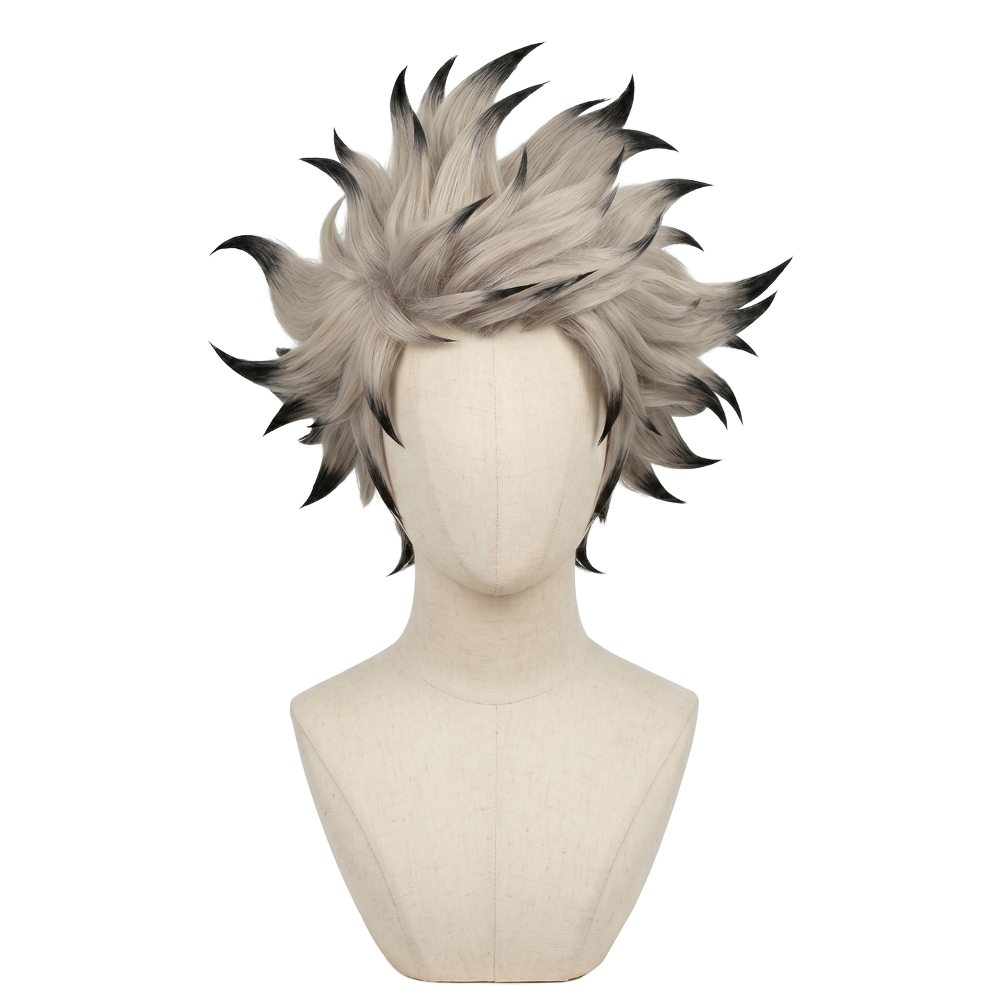 Front view of Rudo Surebrec cosplay wig with messy spiky blonde hair