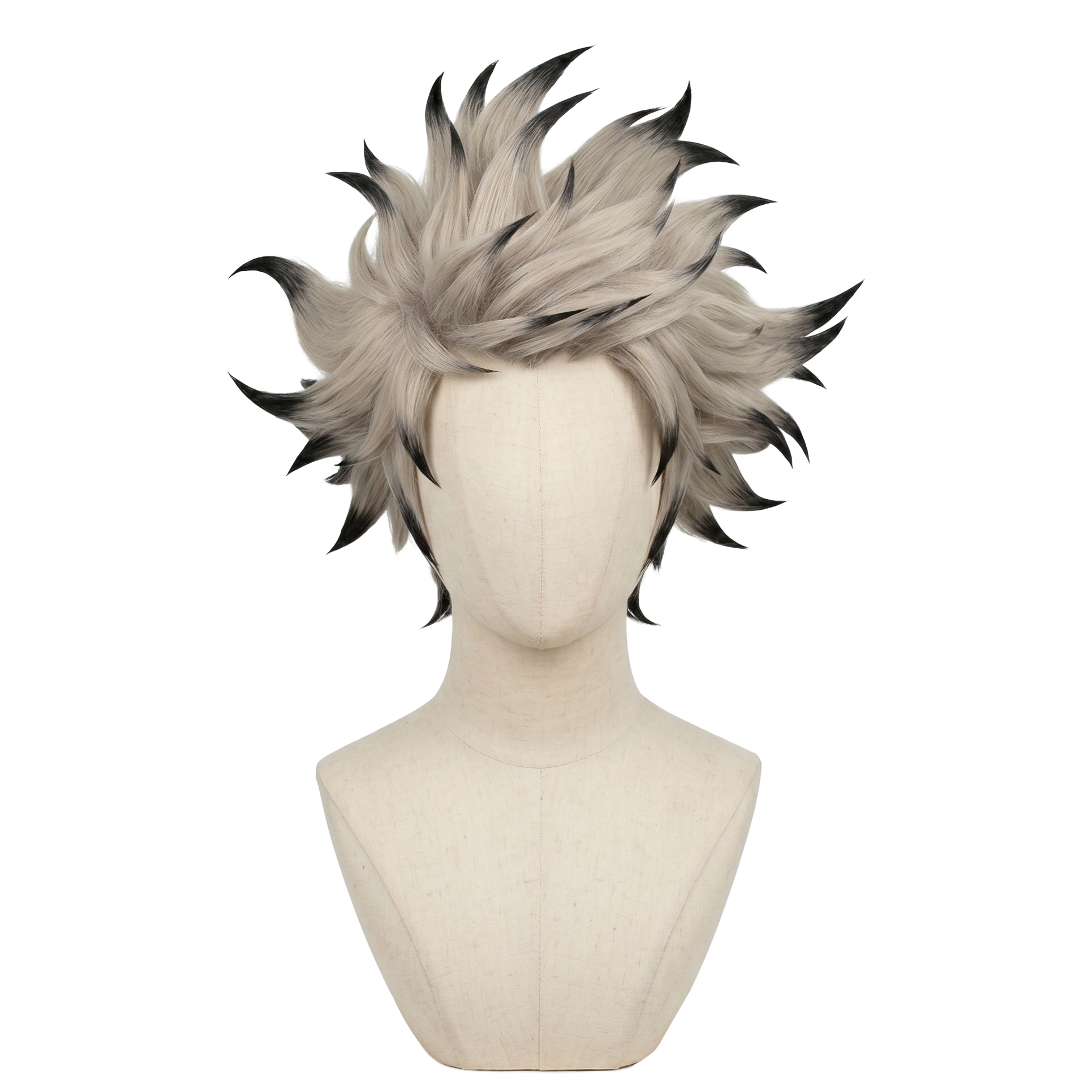 Front view of Rudo Surebrec cosplay wig with messy spiky blonde hair