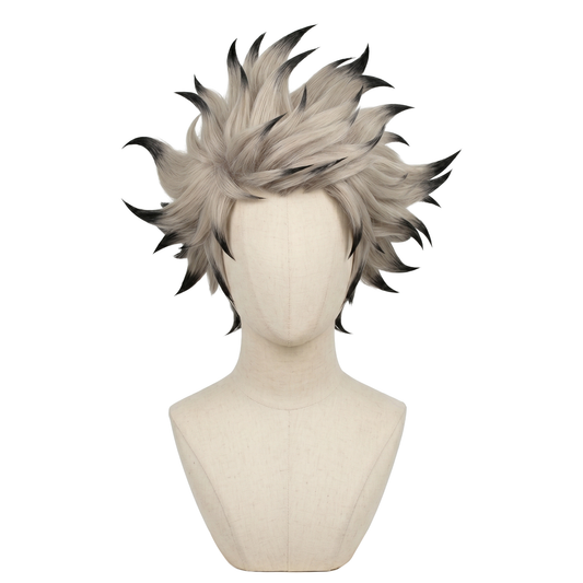 Front view of Rudo Surebrec cosplay wig with messy spiky blonde hair