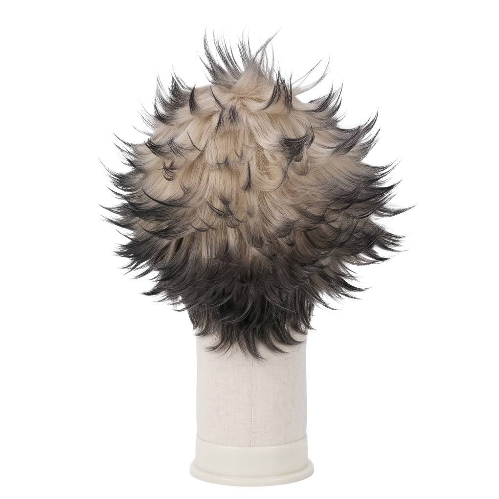 Back view of Rudo Surebrec cosplay wig with white-blonde and black-tipped fibers