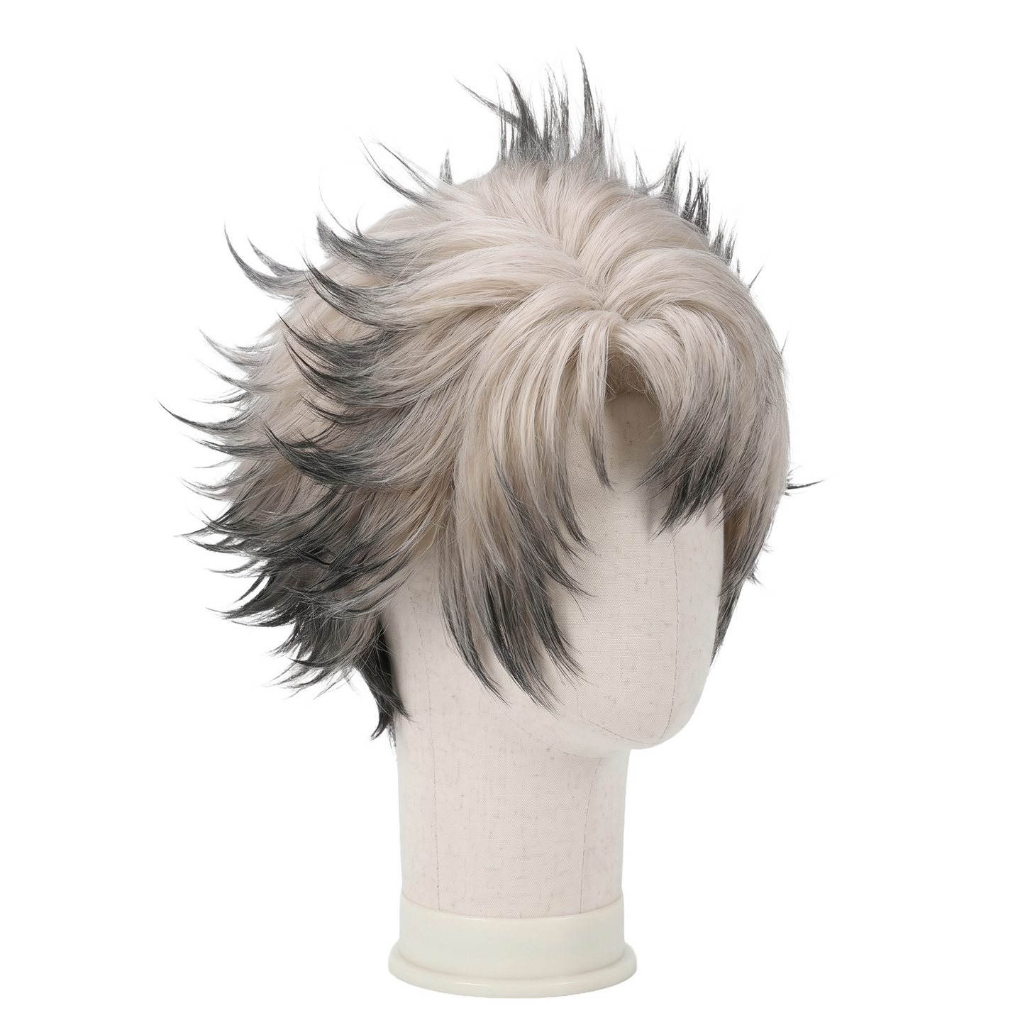 Three-quarter view of Rudo Surebrec spiky white-blonde wig with black tips
