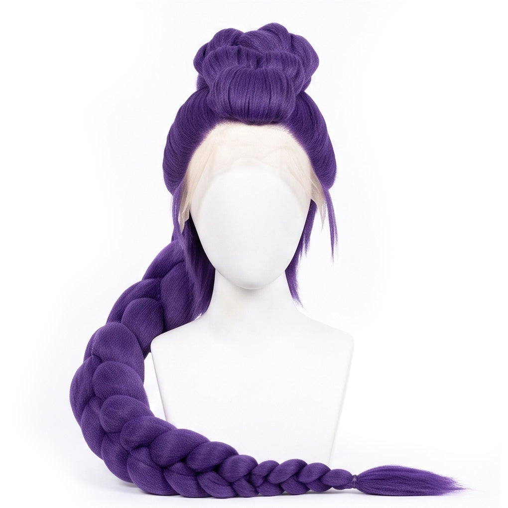 Rumi Kang cosplay wig from KPop Demon Hunters featuring a handcrafted fantasy hairstyle with vibrant purple tones, and K-pop inspired character styling