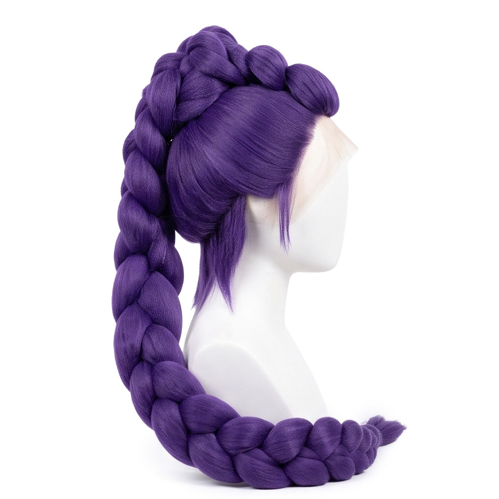 Side view of Rumi Kang wig showing layered fantasy hair, vibrant color details, smooth texture, and professionally styled KPop Demon Hunters cosplay wig design