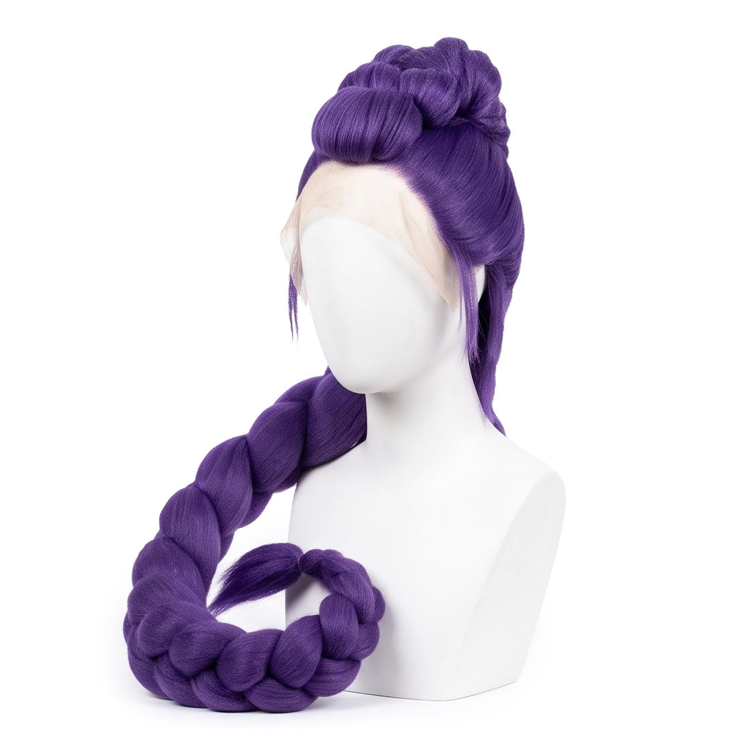 3/4 view of Rumi Kang cosplay wig displaying colorful layered hair, dynamic volume, and handcrafted K-pop fantasy character hairstyle design