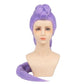 Front view of Rumi Kang cosplay wig with vivid purple hair styled in mohawk-like dragon braid