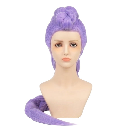 Front view of Rumi Kang cosplay wig with vivid purple hair styled in mohawk-like dragon braid