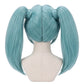 Back view of long light blue Runo Misaki cosplay wig with unstyled fibers