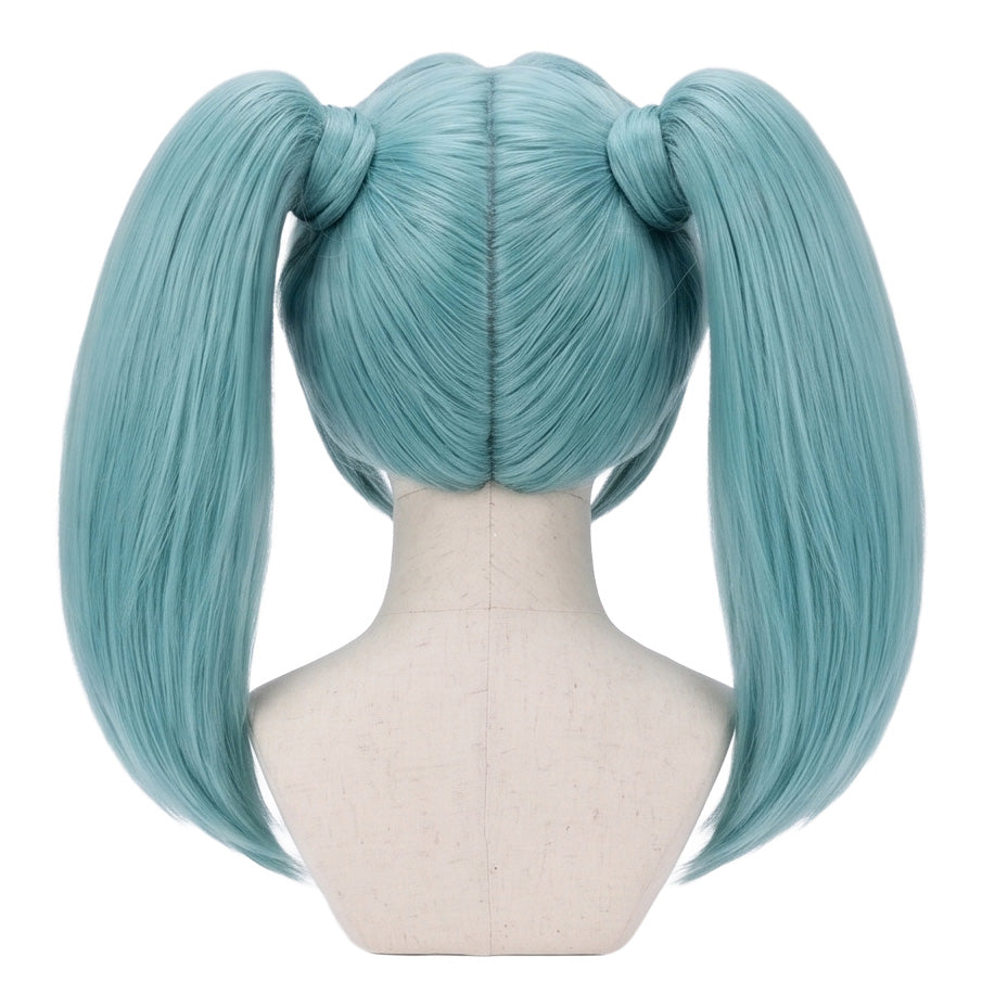 Back view of long light blue Runo Misaki cosplay wig with unstyled fibers