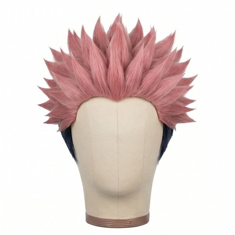 Front view of Ryomen Sukuna cosplay wig with layered pink spiky hair