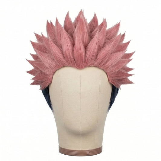 Front view of Ryomen Sukuna cosplay wig with layered pink spiky hair