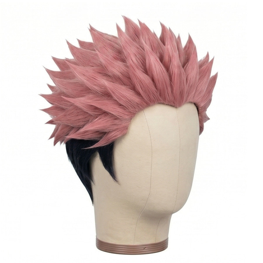 Ryomen Sukuna cosplay wig displayed on mannequin with anime-accurate styling