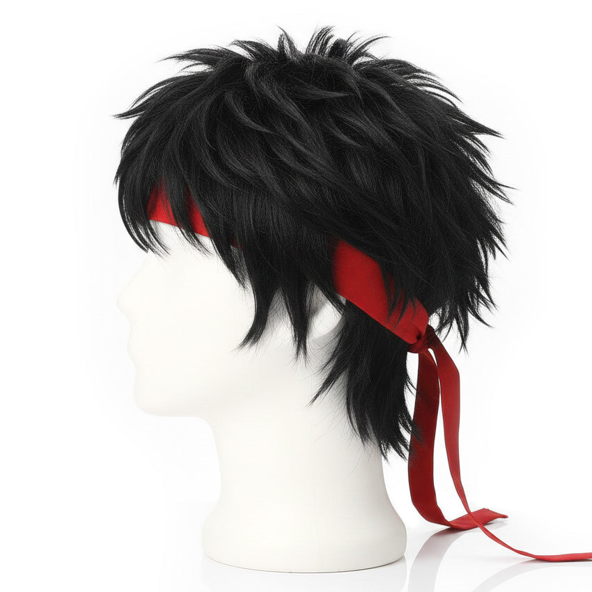 Side view of premium Ryu Street Fighter wig on mannequin