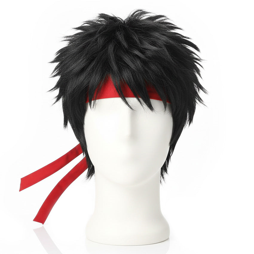 Front view of handmade Ryu cosplay wig with natural black texture