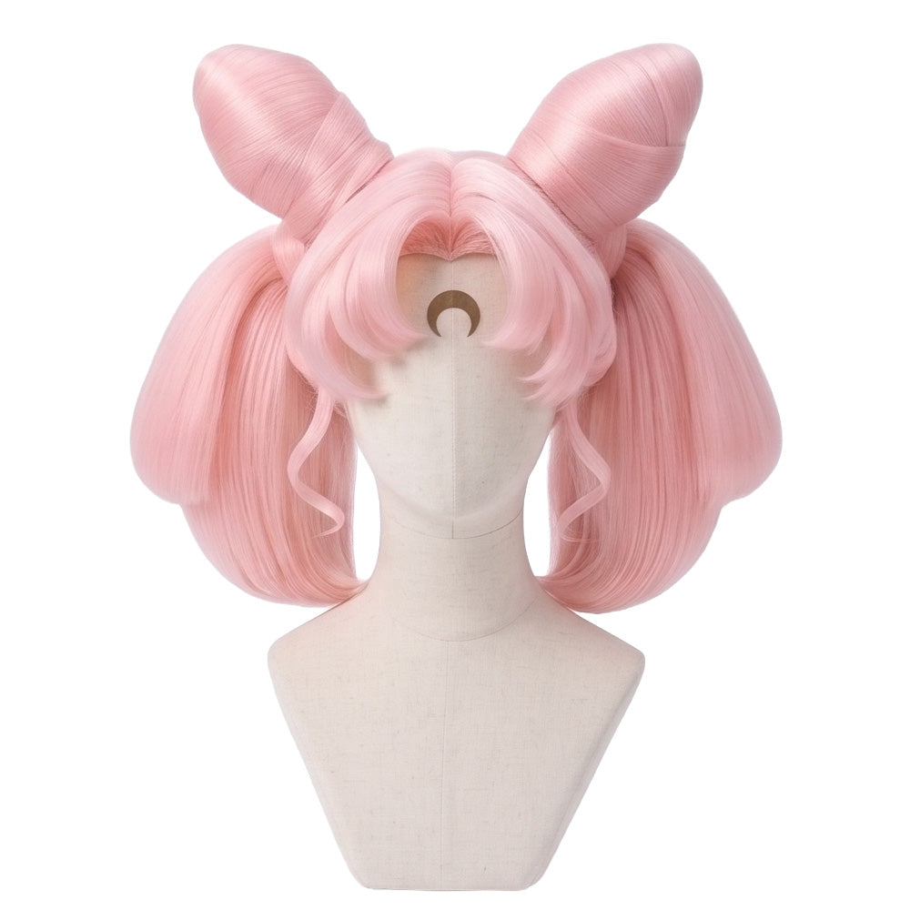 Chibiusa Tsukino cosplay wig from Sailor Moon featuring a handcrafted pink twin-tail anime hairstyle with long pigtails and Sailor Chibi Moon character styling
