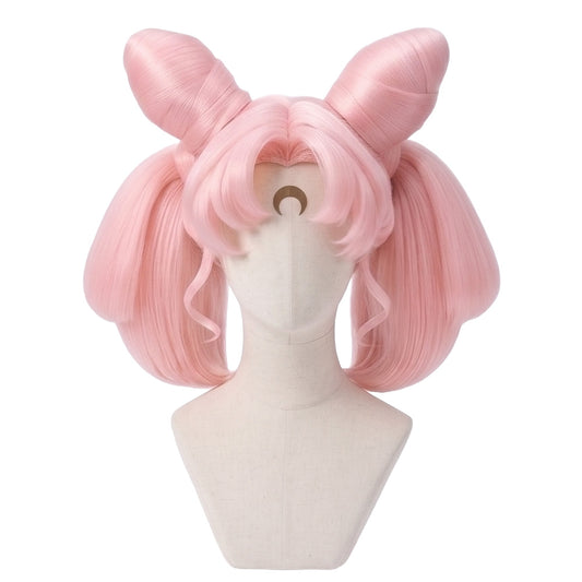 Chibiusa Tsukino cosplay wig from Sailor Moon featuring a handcrafted pink twin-tail anime hairstyle with long pigtails and Sailor Chibi Moon character styling
