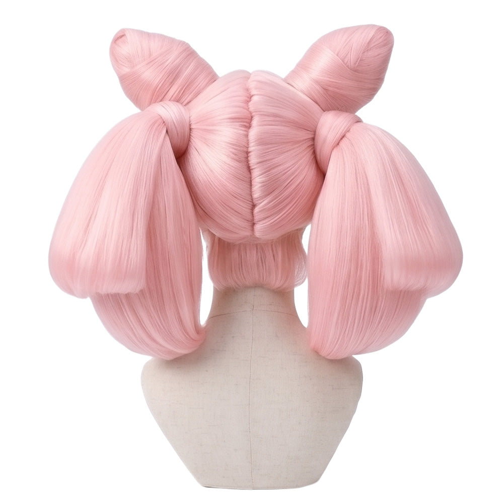 Back view of Chibiusa Tsukino wig featuring long pink twin tails, smooth synthetic hair texture, and the signature Sailor Chibi Moon hairstyle silhouette