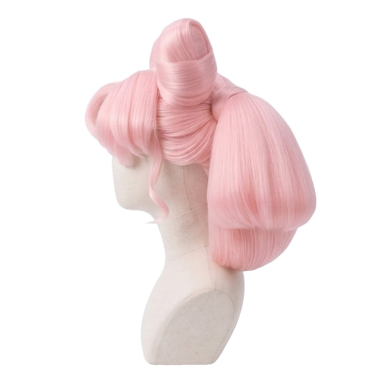 Side view of Chibiusa Tsukino Sailor Chibi Moon wig showing long pink twin tails, smooth layered hair, and professionally styled magical girl cosplay details