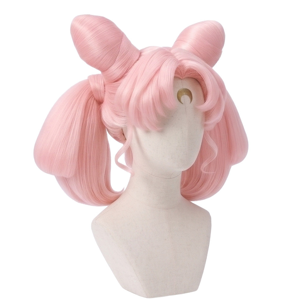 3/4 view of Chibiusa Tsukino cosplay wig displaying flowing pink pigtails, soft anime-inspired layers, and handcrafted Sailor Moon character wig design