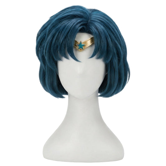 Front view of Sailor Mercury cosplay wig with short blue fibers, ready for DIY styling