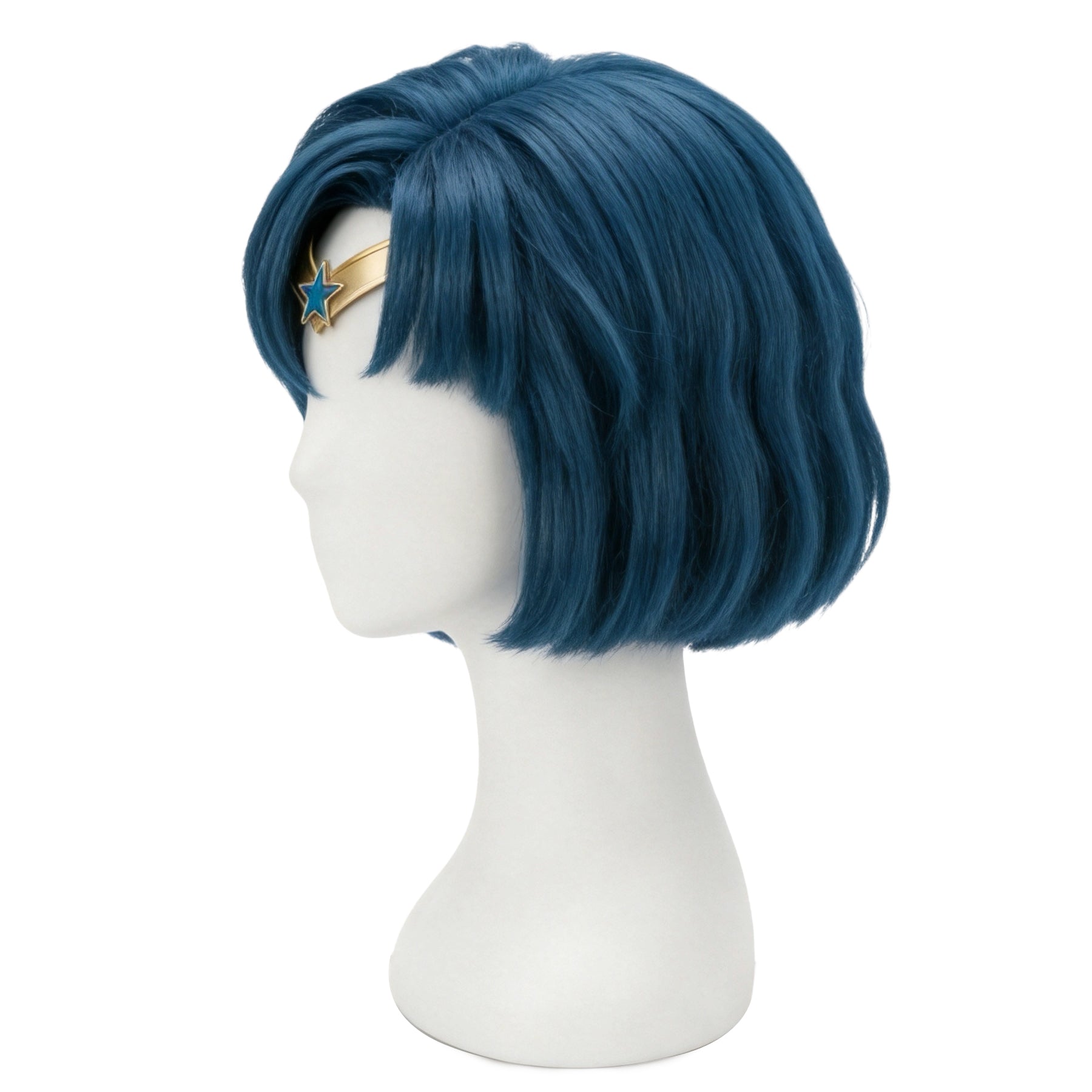 Side view of Sailor Mercury wig showing character-accurate cut and volume
