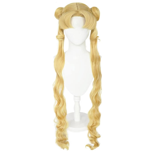 Anime Long Curly Blonde Sailor Moon Tsukino Usagi Cosplay Wig Halloween Party Synthetic Bangs Cute Wig with Buns and Two Long Ponytails