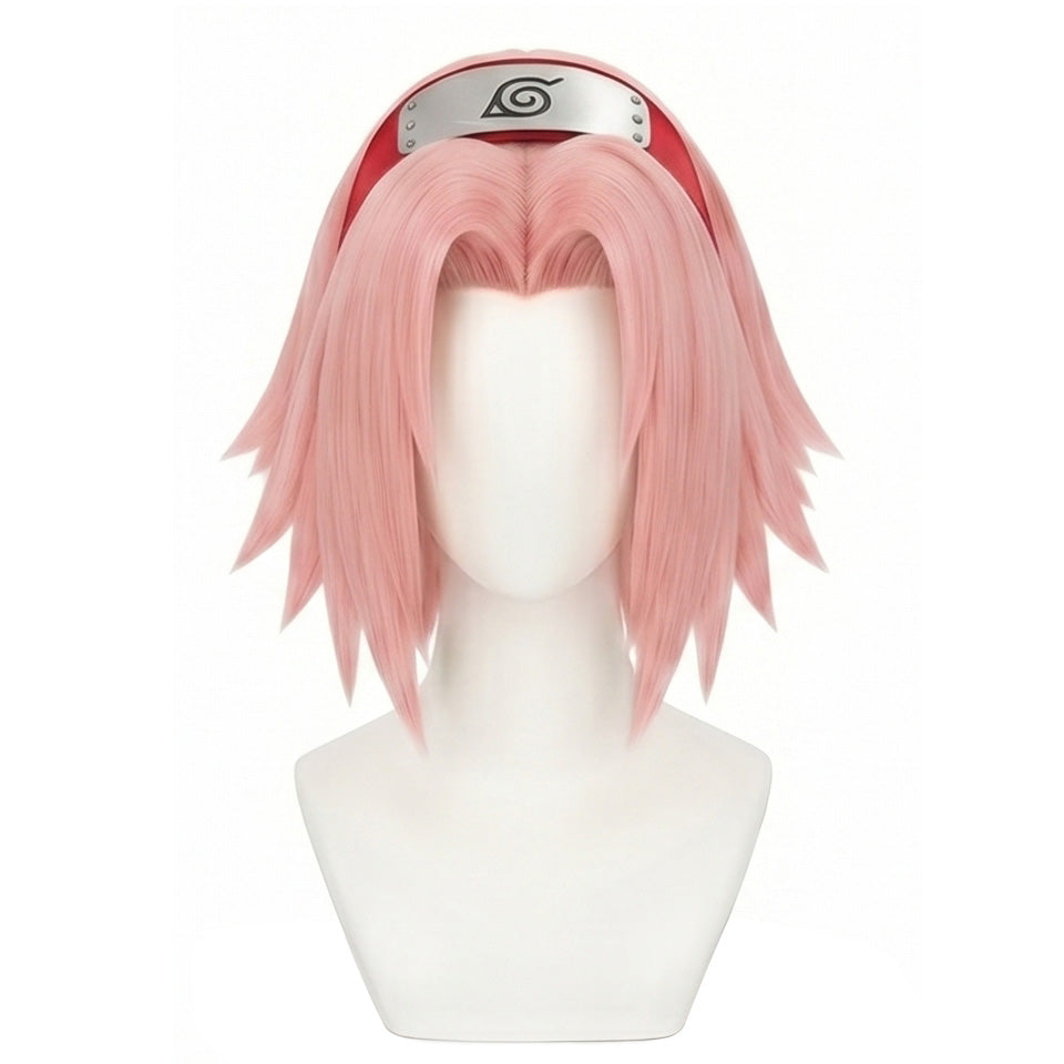Front view of Sakura Haruno cosplay wig with straight pink hair