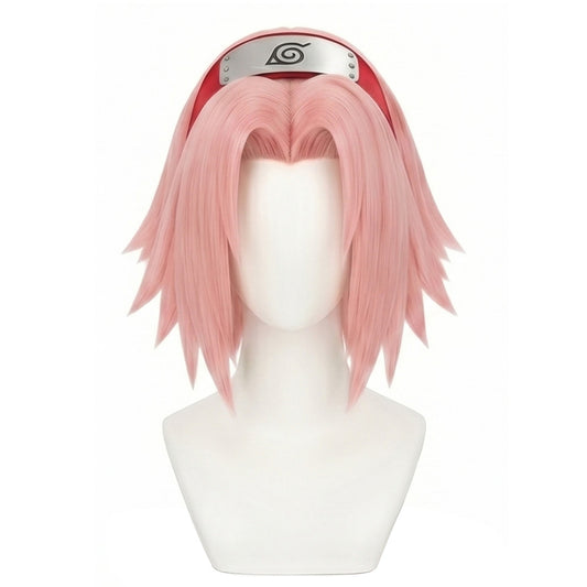 Front view of Sakura Haruno cosplay wig with straight pink hair