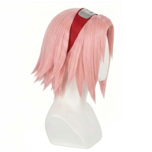 Side view of Sakura Haruno wig showing shoulder-length clean cut
