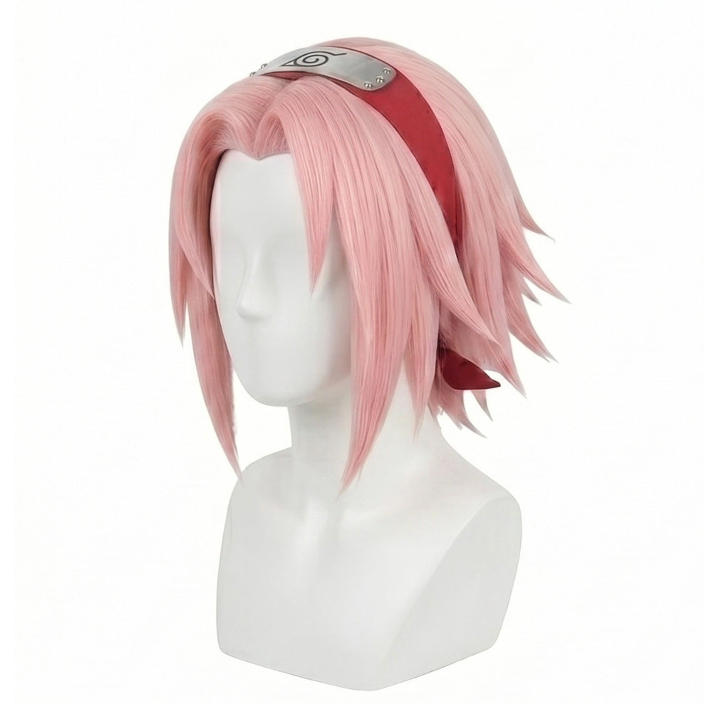 Soft pink heat-resistant fibers on Sakura Haruno wig