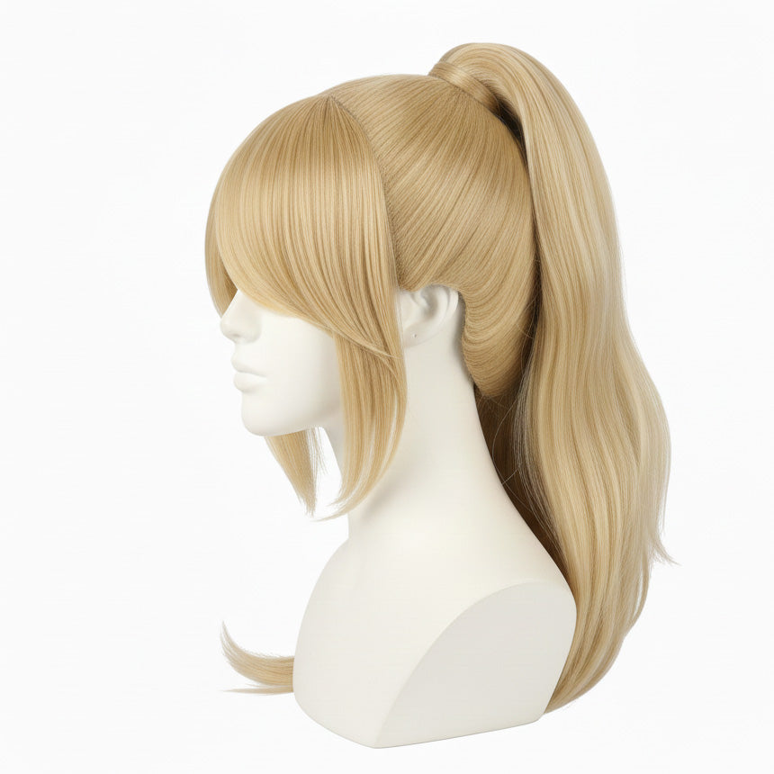 Side view of unstyled Samus Aran cosplay wig before trimming