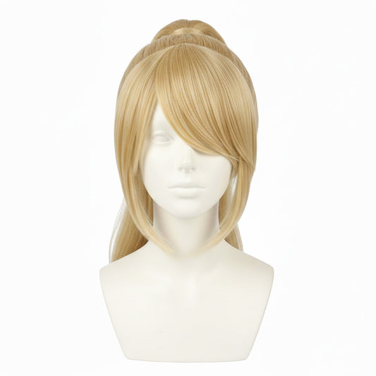 Unstyled Samus Aran blonde cosplay wig on display mannequin