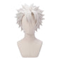Sanemi Shinazugawa cosplay wig from Demon Slayer featuring long silver-white spiky hair, ruffled layers, and two prominent bangs over the left and center of the face