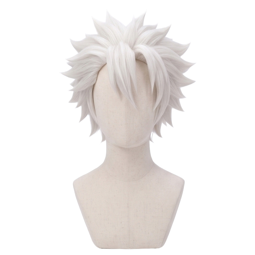 Sanemi Shinazugawa cosplay wig from Demon Slayer featuring long silver-white spiky hair, ruffled layers, and two prominent bangs over the left and center of the face