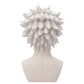 Back view of Sanemi Shinazugawa cosplay wig showing long silver-white spiky layers, heavily ruffled texture, and the wild Wind Hashira hairstyle silhouette