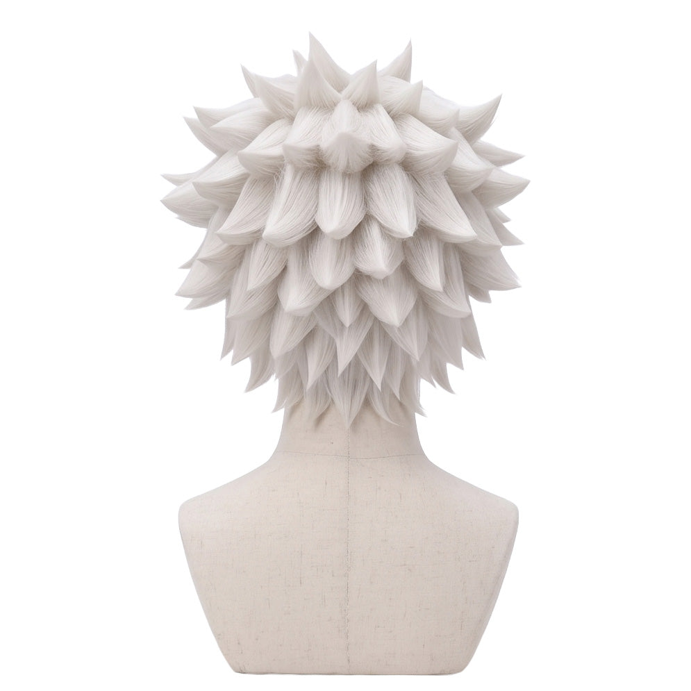 Back view of Sanemi Shinazugawa cosplay wig showing long silver-white spiky layers, heavily ruffled texture, and the wild Wind Hashira hairstyle silhouette