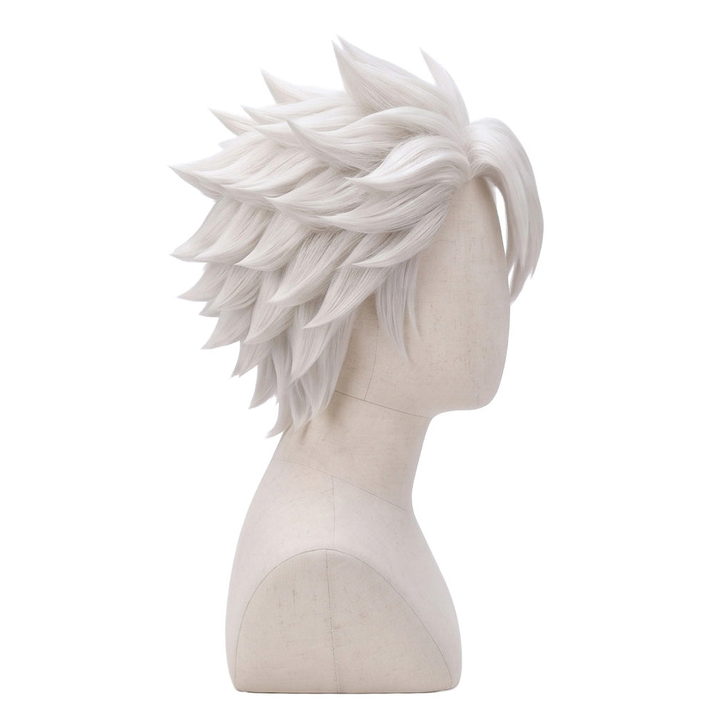 Right side view of Sanemi Shinazugawa wig featuring long spiky silver-white hair, textured ruffled layers, and the distinctive Demon Slayer character hairstyle