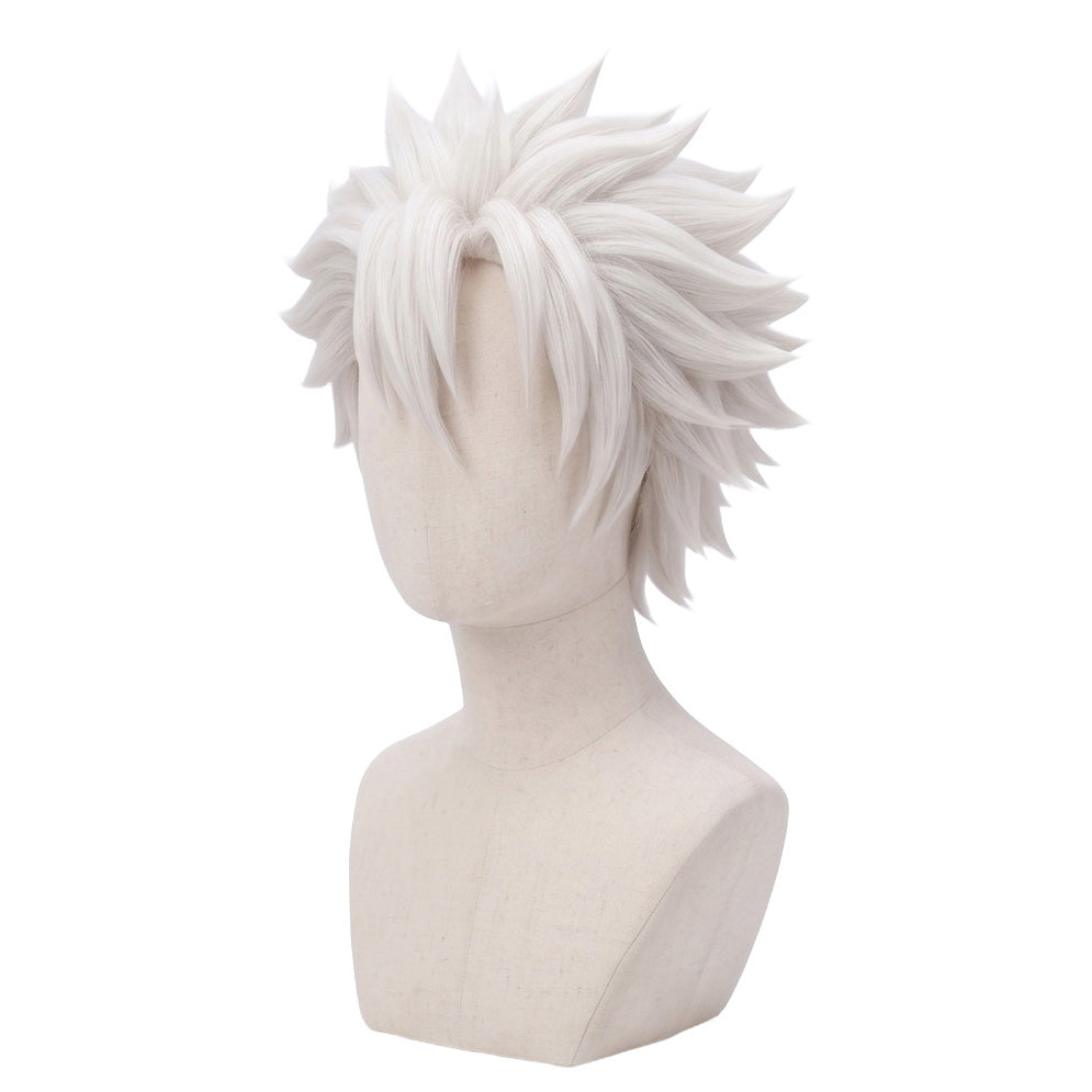 3/4 view of Sanemi Shinazugawa cosplay wig displaying long ruffled silver-white spikes, high-volume layers, and signature face-framing bangs