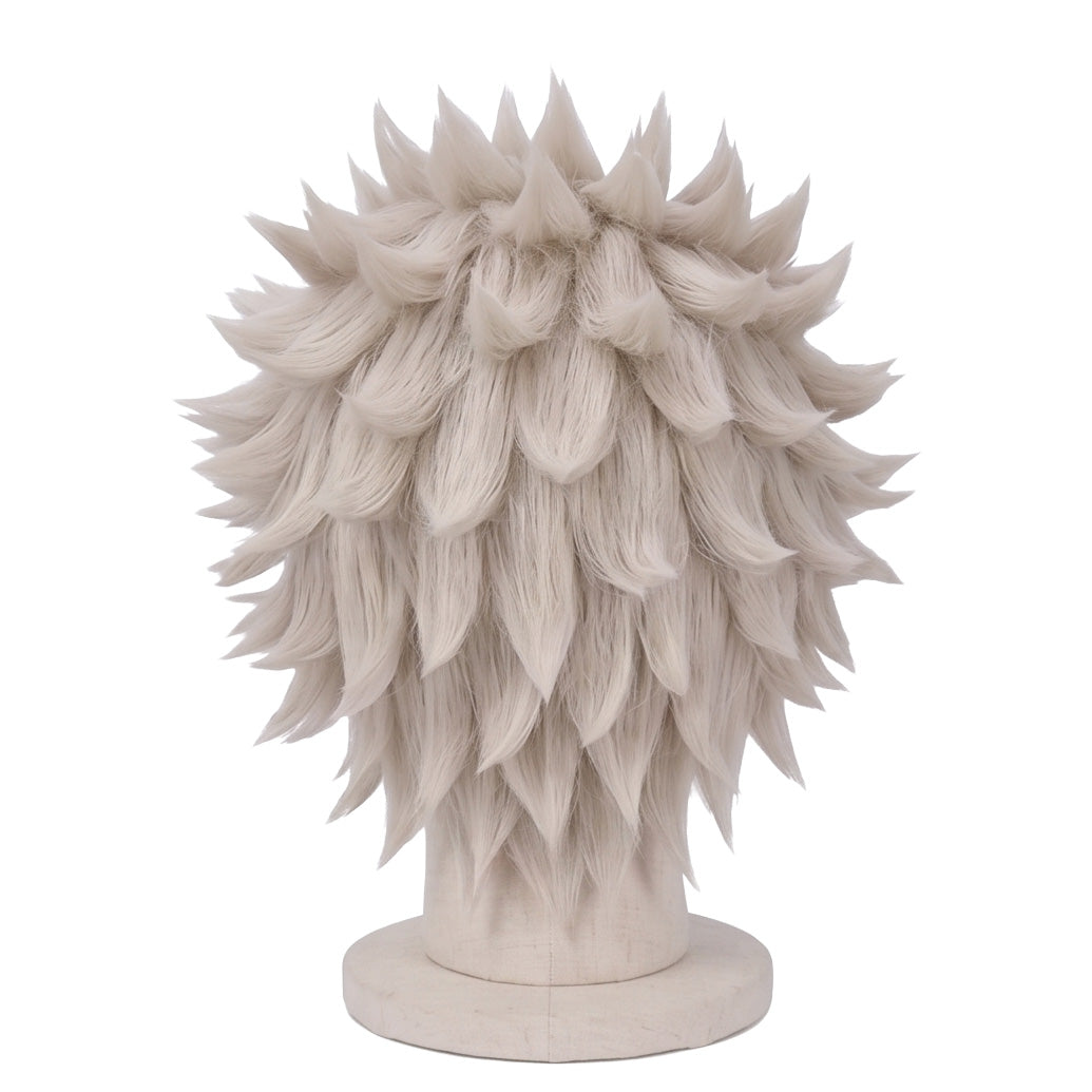 Back view of Sanemi Shinazugawa long silver-white cosplay wig