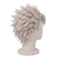 Right side view of Sanemi cosplay wig with ruffled silver-white fibers