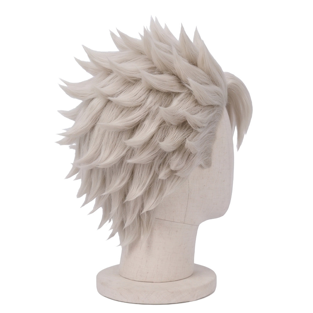 Right side view of Sanemi cosplay wig with ruffled silver-white fibers