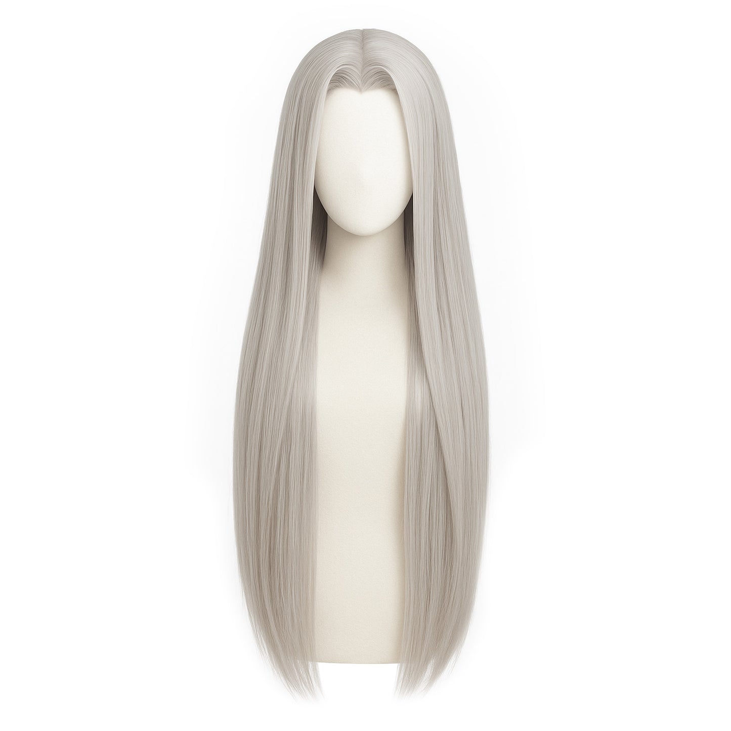 Front view of long silver Sephiroth cosplay wig on mannequin