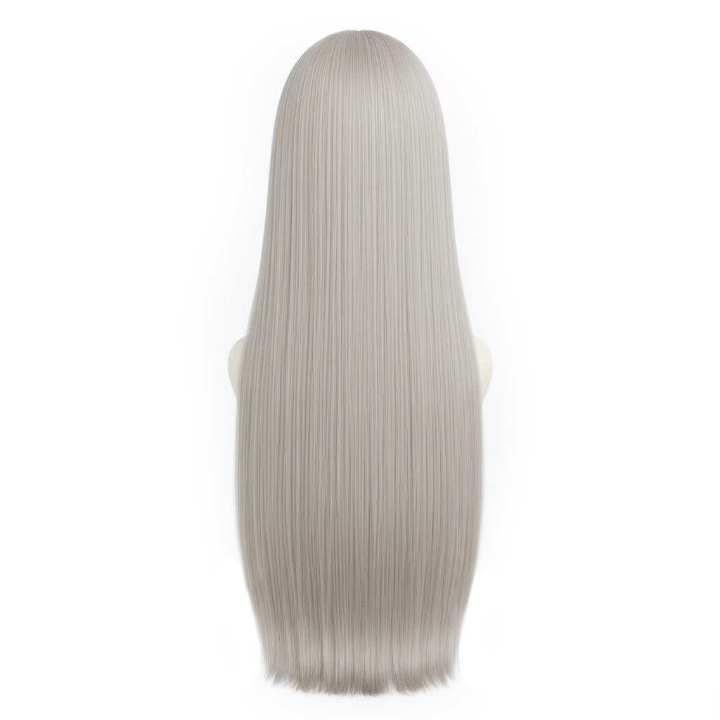 Back view of high-density long silver Sephiroth wig