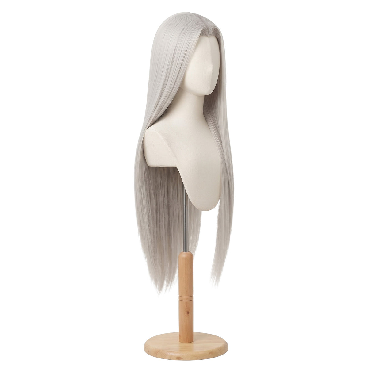 Three-quarter view of Sephiroth silver cosplay wig with side-parted bangs