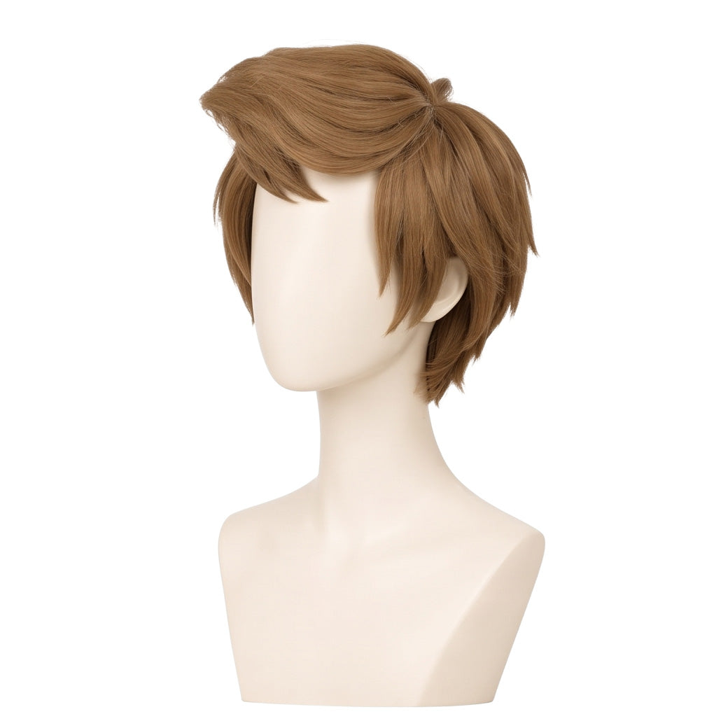 Three-quarter view of Shaggy Rogers cosplay wig showing dusty brown hair ready for styling